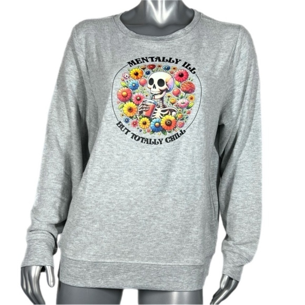 WILDFOX | Floral Skull ‘Mentally Ill But Totally Chill Graphic Print Long sleeve - Picture 2 of 11